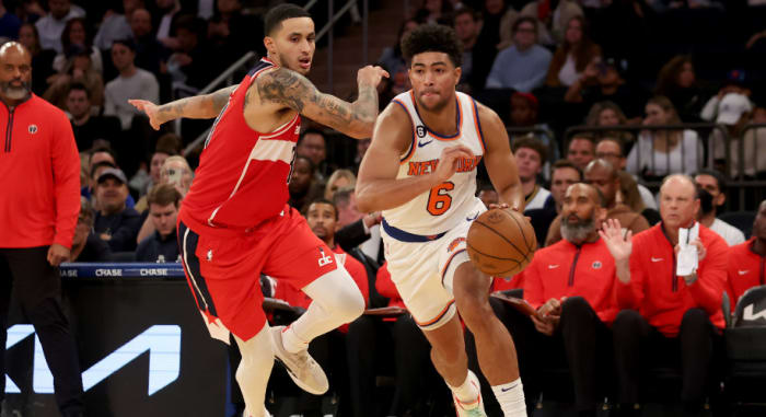 Quentin Grimes (6) leaped into the New York Knicks' starting lineup in the early stages of last season and hasn't looked back